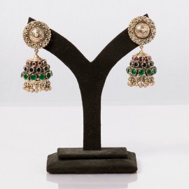 92.5 silver jhumka studded with red and green semi-precious stones